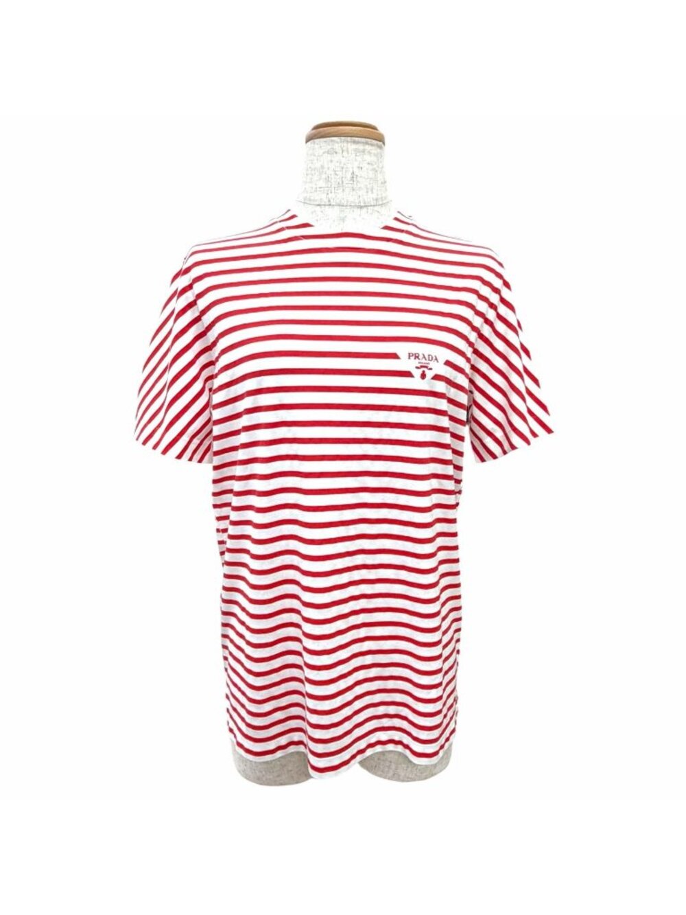 Prada Cotton 100% Triangle Logo Border Crew Neck Short Sleeve T-Shirt Red White